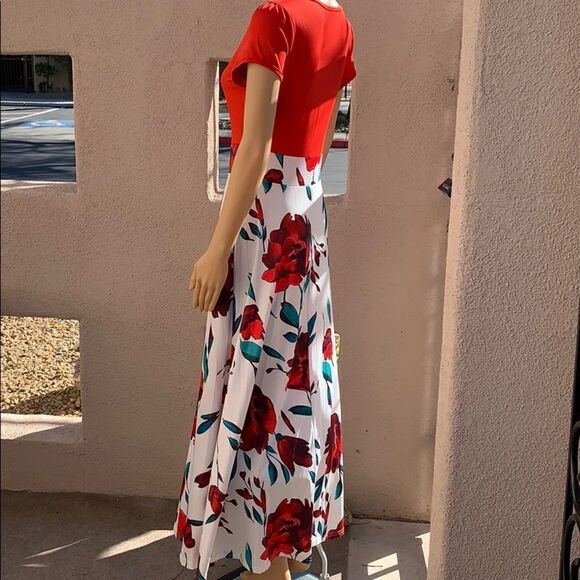 Women’s Large Scoop Neck Short Sleeve Spring Maxi Dress White Red Green Floral - Picture 5 of 10